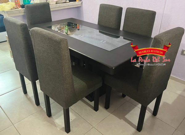 COMEDOR DE 6 SILLAS BASIC, MESA DE CUBO, TAPIZ.