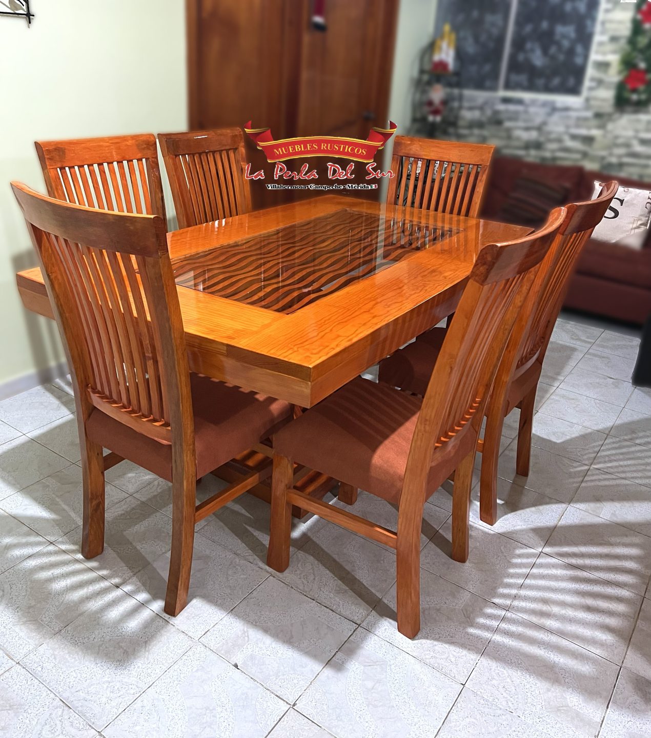 COMEDOR DE 6 SILLAS , CUBO R. COSTILLA BARNIZ COLOR CEDRO